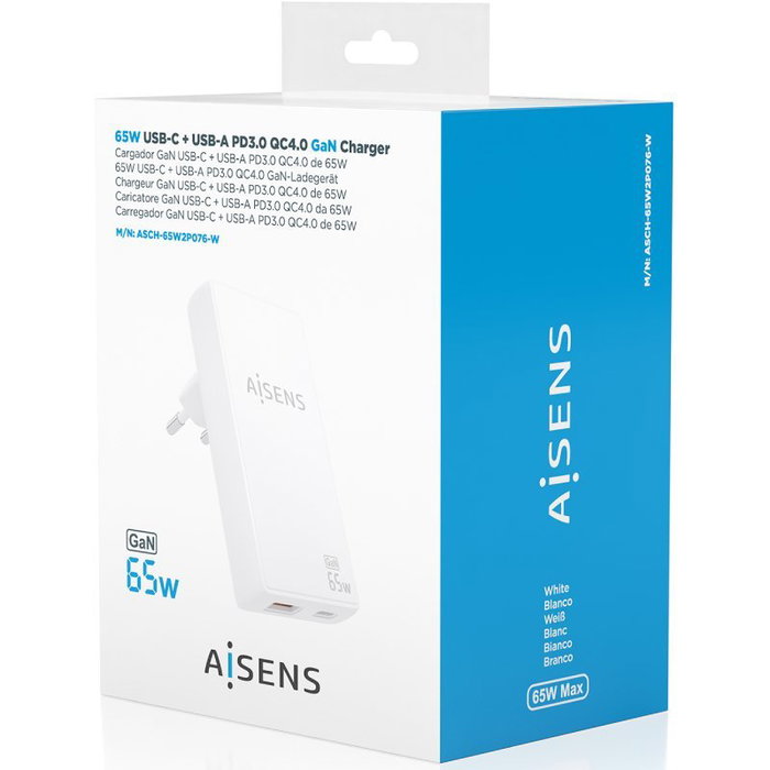 Aisens Cargador de Pared GaN 65W USB-C y USB-A Blanco ASCH-65W2P076-W Aisens Cargador de Pared GaN 65W USB-C y USB-A Blanco ASCH-65W2P076-W